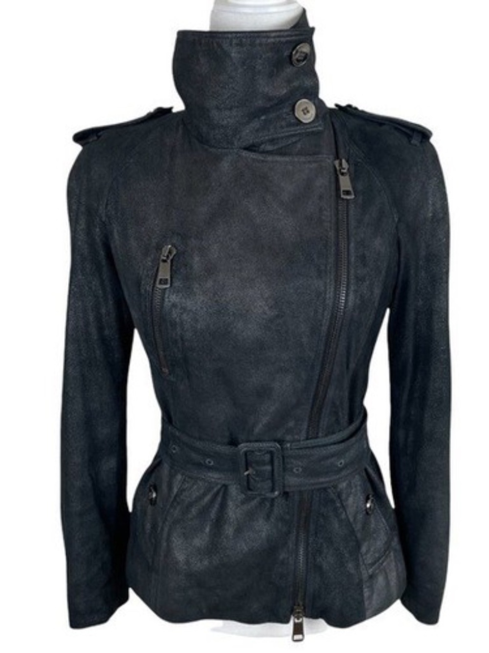 Burberry Black Leather Belted High-Collar Jacket